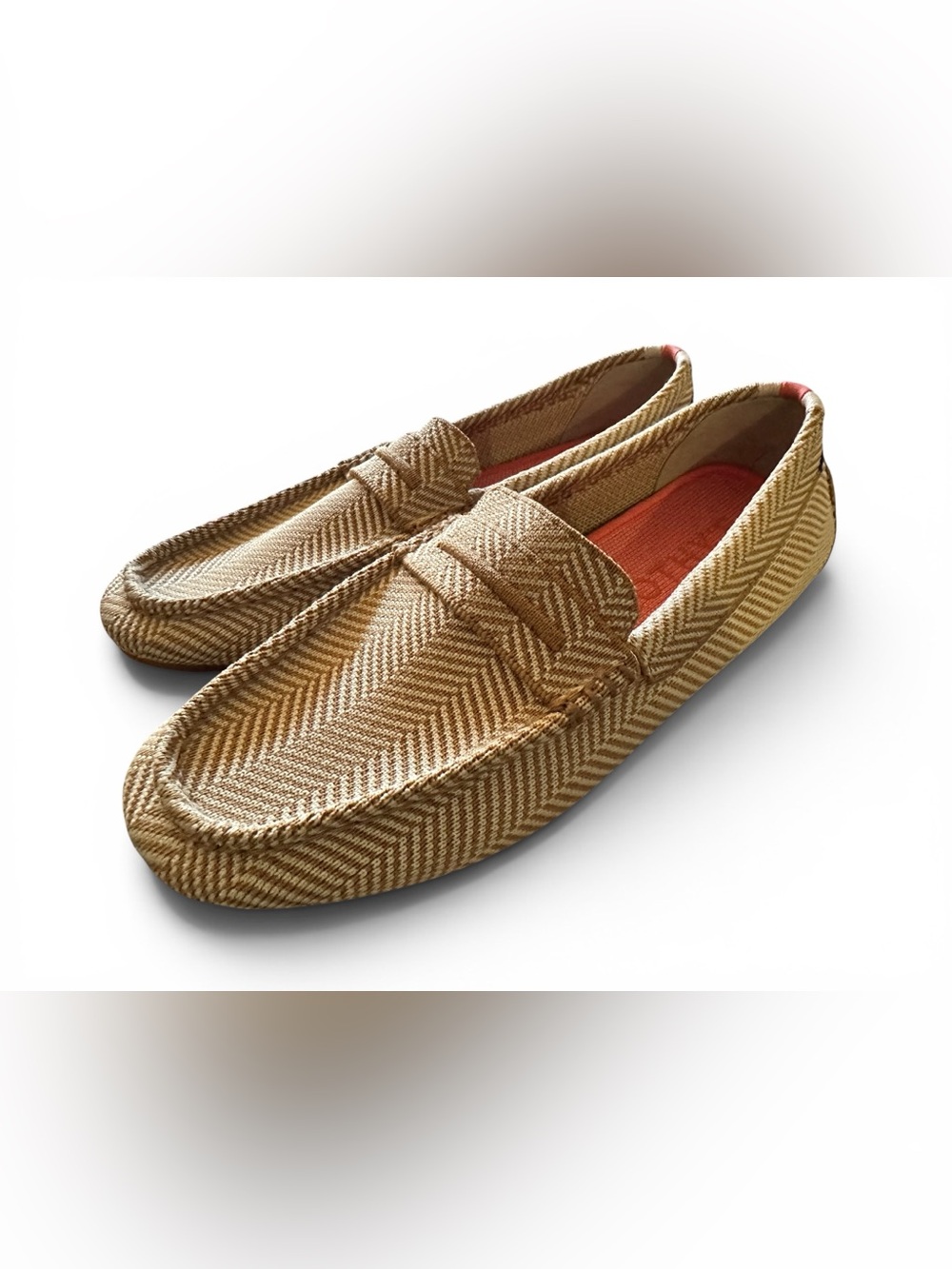 Rothy’s Driving Loafers. Tan Cream Herringbone print. Excellent!! Sz. 8